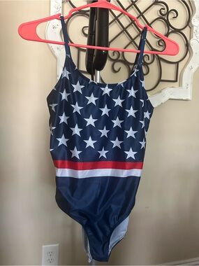 Navy Star-Print One-Piece Swimsuit with Red and White Stripe